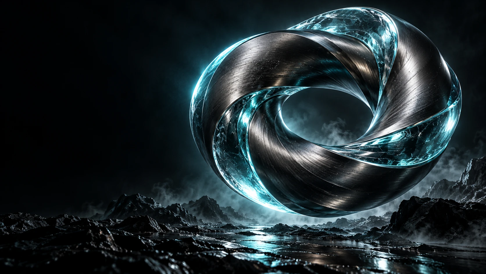 Sculptural chrome loop illuminated by cyan light on an obsidian landscape